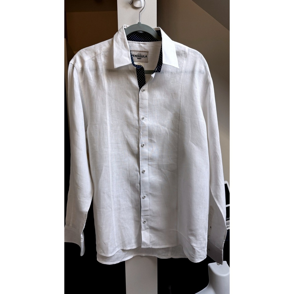 Peninsula Linen Shirt White Pintuck Pleated Contrast Trim XG XL Coastal Summer